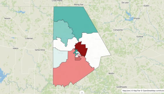Map preview of Brown County, TX - Population Change 2020-2023 (Total)