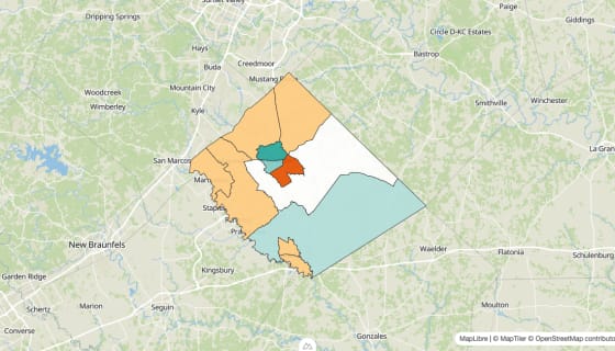 Map preview of Caldwell County, TX - Population Change 2010-2023 (%)
