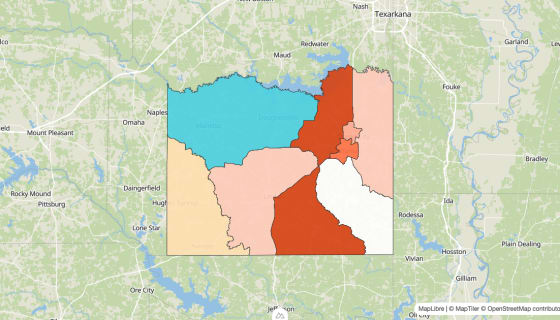 Map preview of Cass County, TX - Population Change 2020-2023 (%)