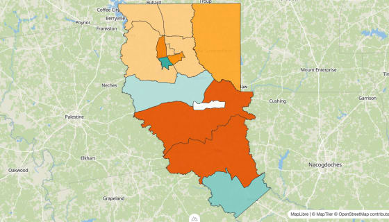 Map preview of Cherokee County, TX - Population Change 2010-2023 (%)