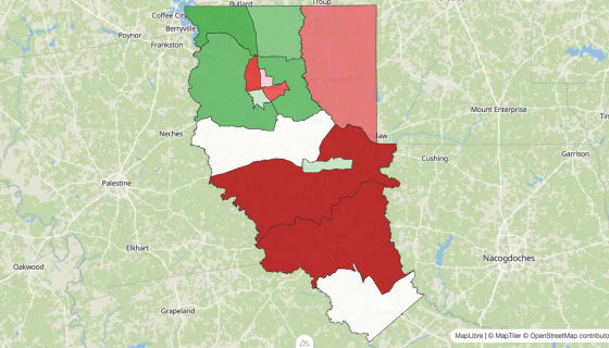 Map preview of Cherokee County, TX - Population Change 2010-2023 (Total)