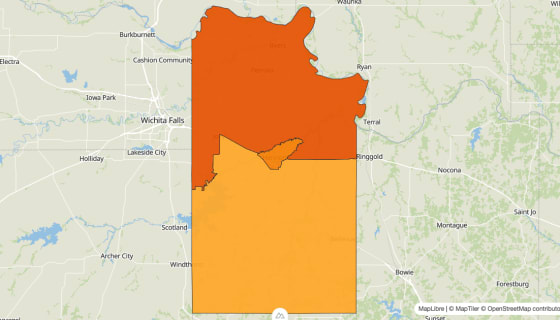 Map preview of Clay County, TX - Population Change 2010-2023 (%)