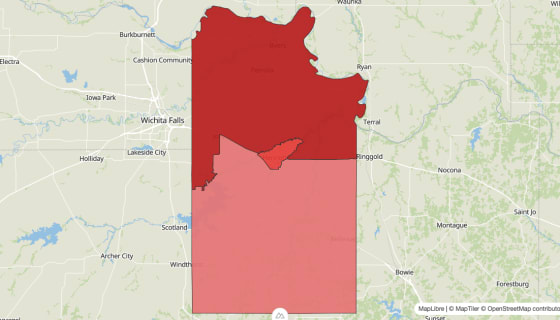 Map preview of Clay County, TX - Population Change 2010-2023 (Total)