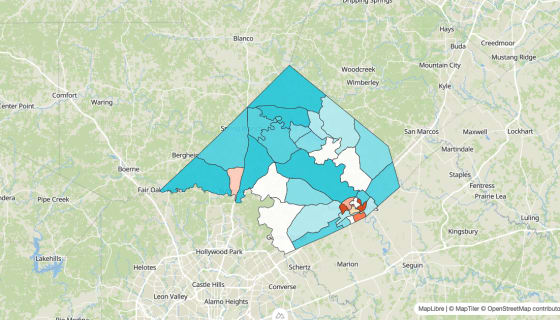 Map preview of Comal County, TX - Population Change 2020-2023 (%)