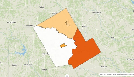 Map preview of Comanche County, TX - Population Change 2010-2023 (%)