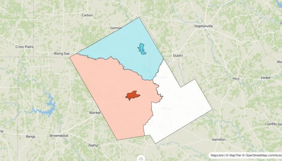 Map preview of Comanche County, TX - Population Change 2020-2023 (%)