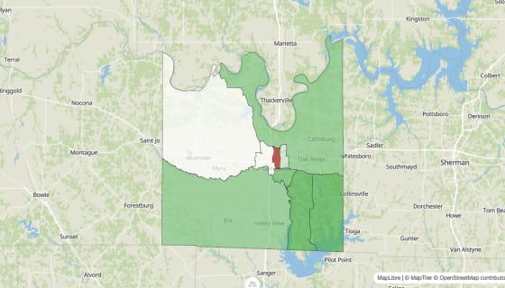 Map preview of Cooke County, TX - Population Change 2010-2023 (Total)