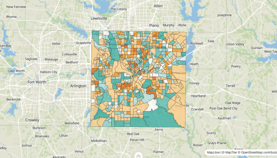 Map preview of Dallas County, TX - Population Change 2010-2023 (%)