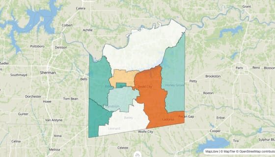Map preview of Fannin County, TX - Population Change 2010-2023 (%)