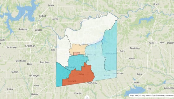 Map preview of Fannin County, TX - Population Change 2020-2023 (%)
