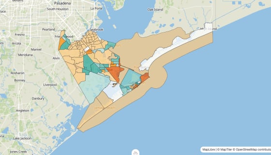 Map preview of Galveston County, TX - Population Change 2010-2023 (%)