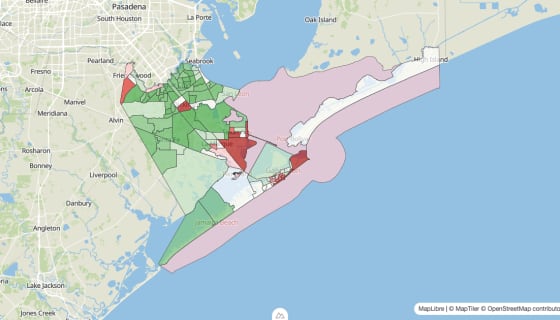 Map preview of Galveston County, TX - Population Change 2010-2023 (Total)