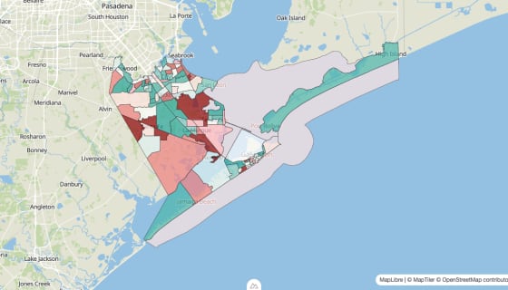 Map preview of Galveston County, TX - Population Change 2020-2023 (Total)