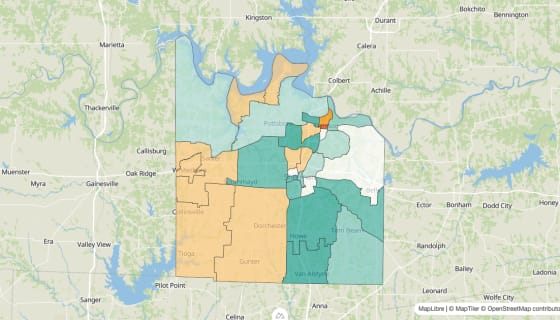 Map preview of Grayson County, TX - Population Change 2010-2023 (%)