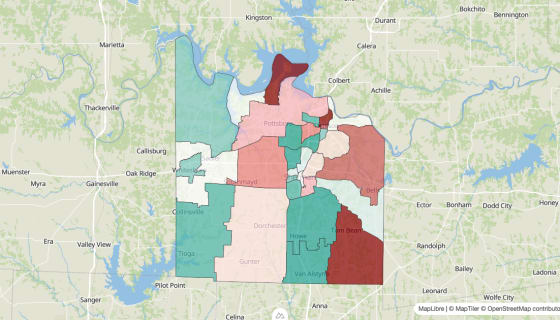 Map preview of Grayson County, TX - Population Change 2020-2023 (Total)
