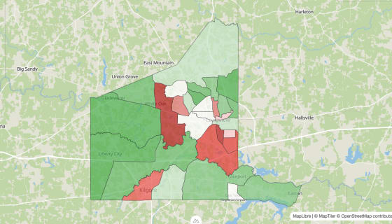 Map preview of Gregg County, TX - Population Change 2010-2023 (Total)