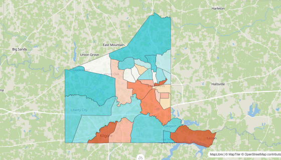 Map preview of Gregg County, TX - Population Change 2020-2023 (%)