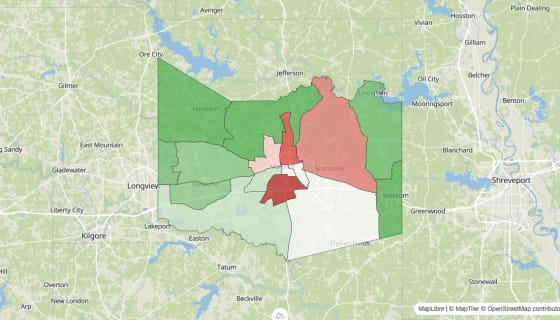 Map preview of Harrison County, TX - Population Change 2010-2023 (Total)