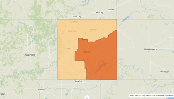 Map preview of Haskell County, TX - Population Change 2010-2023 (%)