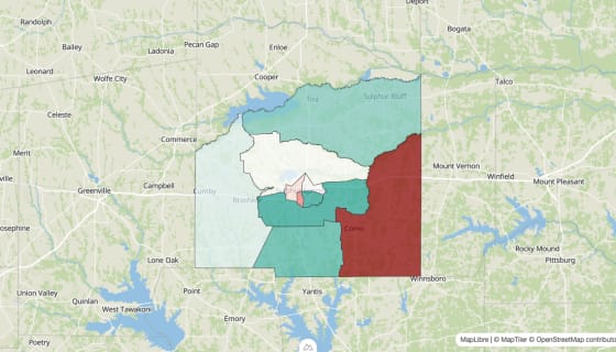 Map preview of Hopkins County, TX - Population Change 2020-2023 (Total)