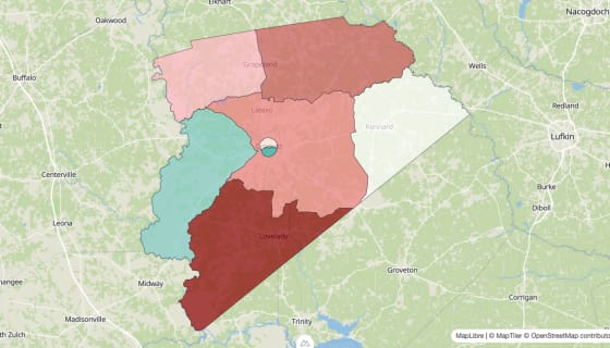 Map preview of Houston County, TX - Population Change 2020-2023 (Total)