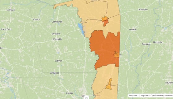 Map preview of Jasper County, TX - Population Change 2010-2023 (%)