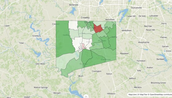 Map preview of Johnson County, TX - Population Change 2010-2023 (Total)