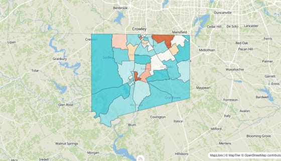 Map preview of Johnson County, TX - Population Change 2020-2023 (%)