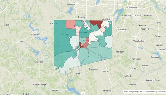 Map preview of Johnson County, TX - Population Change 2020-2023 (Total)