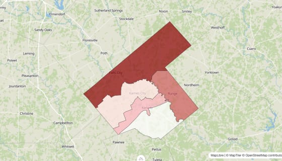 Map preview of Karnes County, TX - Population Change 2020-2023 (Total)