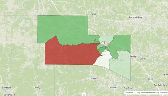 Map preview of Kerr County, TX - Population Change 2010-2023 (Total)