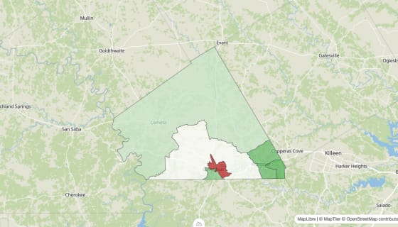 Map preview of Lampasas County, TX - Population Change 2010-2023 (Total)