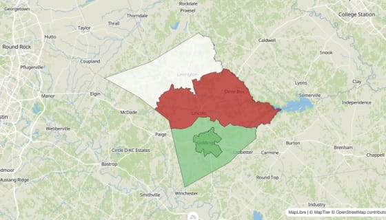 Map preview of Lee County, TX - Population Change 2010-2023 (Total)