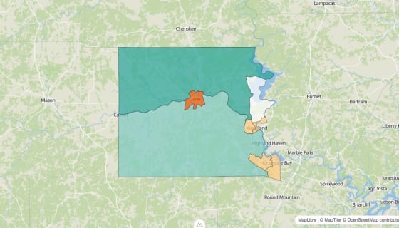 Map preview of Llano County, TX - Population Change 2010-2023 (%)