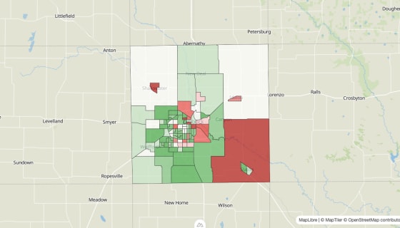 Map preview of Lubbock County, TX - Population Change 2010-2023 (Total)