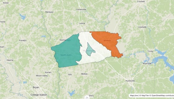 Map preview of Madison County, TX - Population Change 2010-2023 (%)