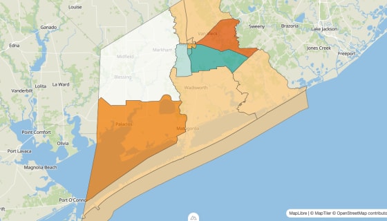 Map preview of Matagorda County, TX - Population Change 2010-2023 (%)