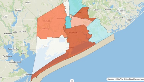 Map preview of Matagorda County, TX - Population Change 2020-2023 (%)