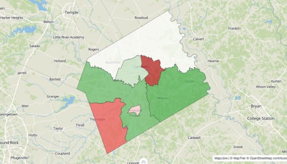 Map preview of Milam County, TX - Population Change 2010-2023 (Total)