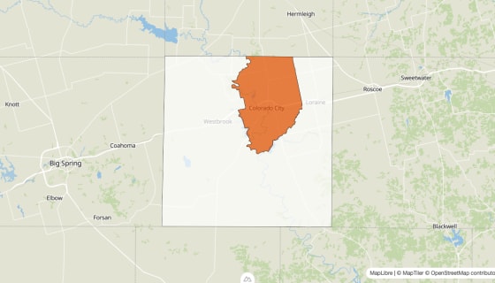 Map preview of Mitchell County, TX - Population Change 2010-2023 (%)