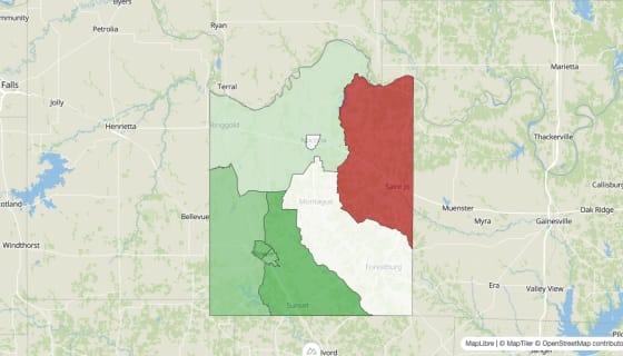 Map preview of Montague County, TX - Population Change 2010-2023 (Total)