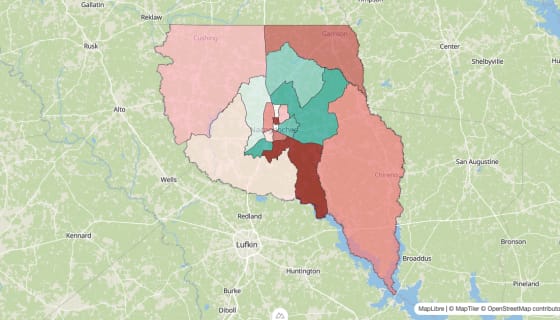 Map preview of Nacogdoches County, TX - Population Change 2020-2023 (Total)