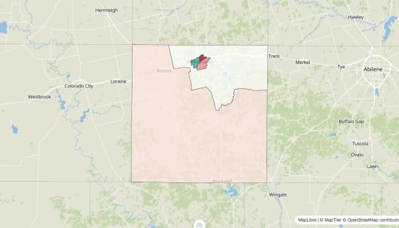Map preview of Nolan County, TX - Population Change 2020-2023 (Total)