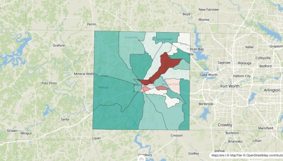Map preview of Parker County, TX - Population Change 2020-2023 (Total)
