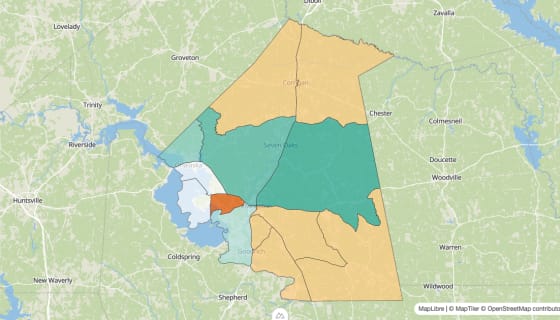 Map preview of Polk County, TX - Population Change 2010-2023 (%)