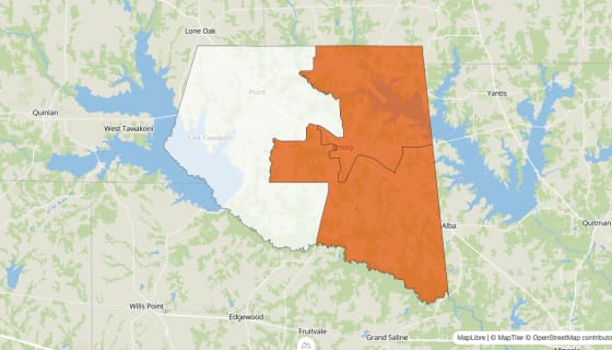 Map preview of Rains County, TX - Population Change 2010-2023 (%)