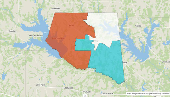 Map preview of Rains County, TX - Population Change 2020-2023 (%)