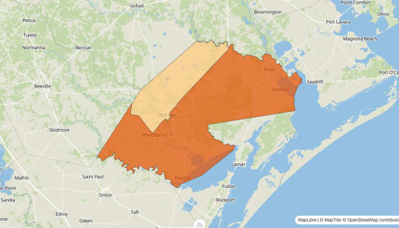 Map preview of Refugio County, TX - Population Change 2010-2023 (%)