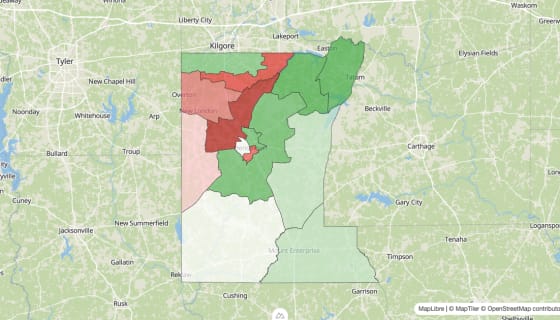 Map preview of Rusk County, TX - Population Change 2010-2023 (Total)