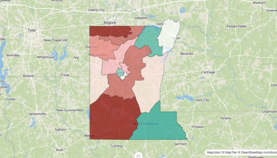 Map preview of Rusk County, TX - Population Change 2020-2023 (Total)